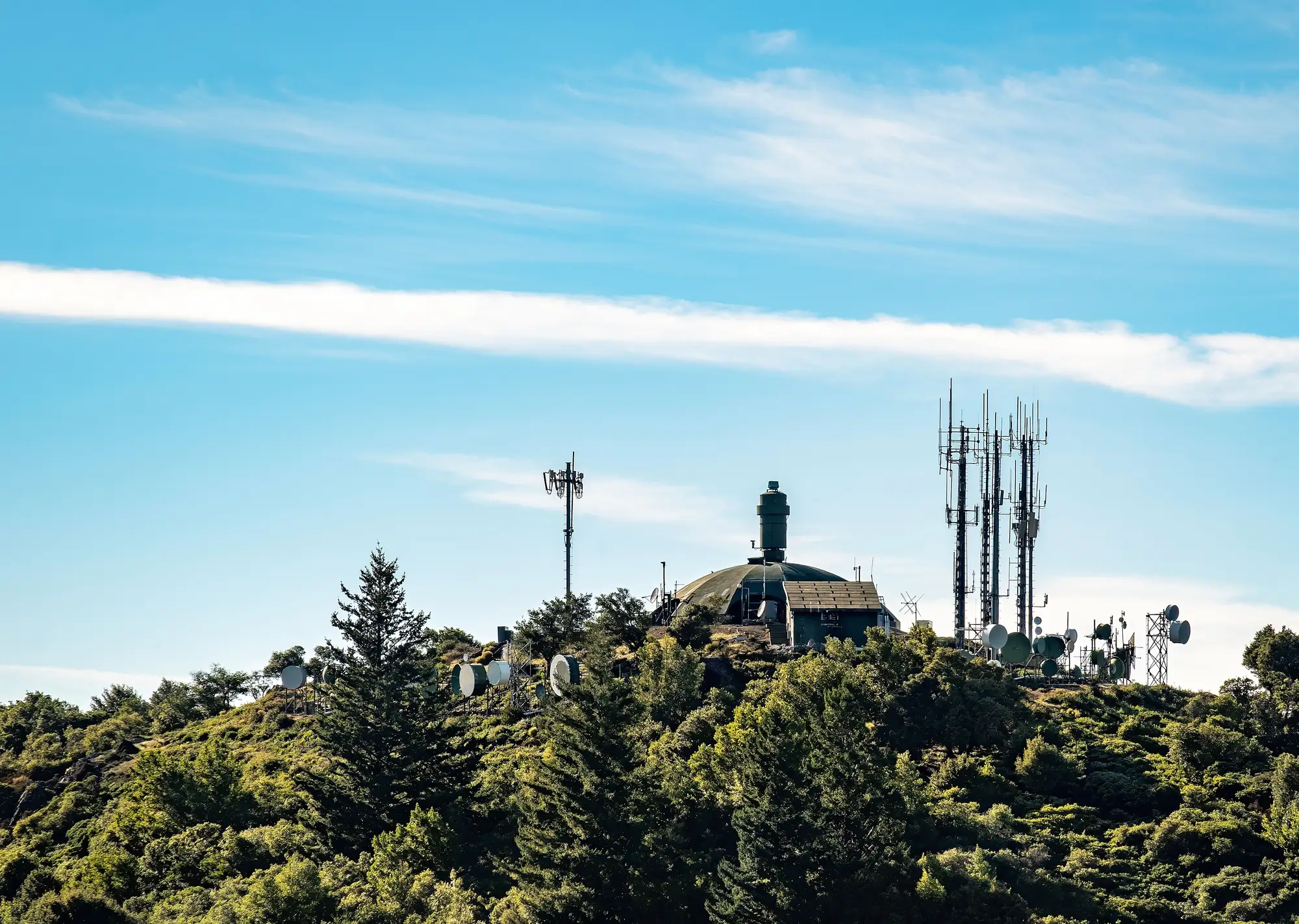 Masts on a wooded hilltop, with trees grown up close around the site